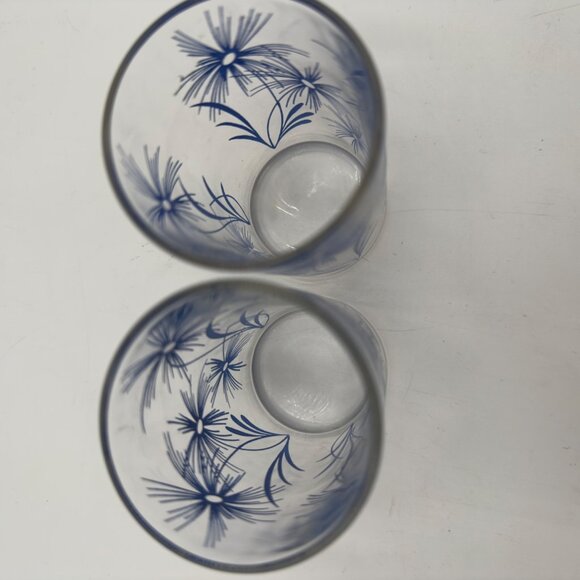 Two Vtg Midcentury 1950's Beverage Drinking Glass Blue Floral Print 3.25"x2" - Picture 2 of 7